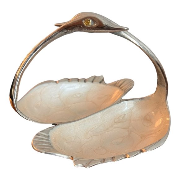 Vintage Stainless Double Swan Pearl Like Inside Bowl Trinket Candy Dish 4.25" - Picture 2 of 5